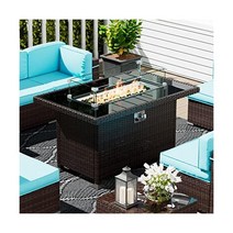 UDPATIO 프로판 난로 테이블 야외 파티오용 방수 커버가 있는 50000 BTU 44인치 등나무 가스 난로 테이블 탁상용 수수료 없음 커버 유리 윈드 가드 및 다채로운