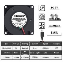 CPU쿨러 2pcs 40mm 3d 프린터 팬 12v 24v 5v 4010 송풍기 프린터, 5v 볼 USB