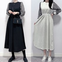 매일리룩 체크 배색 소매 허리밴딩 플레어 캐주얼 롱 원피스