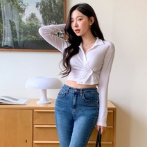 여성 후비즈 카라 버튼 크롭 긴팔 가디건