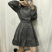 벨라 잔꽃 플라워 나염 밴딩 프릴 라운드넥 긴팔 미니 원피스 (3 color)