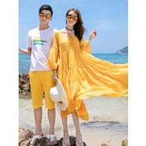 커플시밀러룩 치 커플 드레스 여름 스커트 하이난 여행 휴가 해변 옐로우 노란색 셀프웨딩