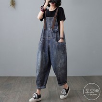 도오빠 여성 데님 멜빵 바지 점프수트 루즈핏 오버핏 와이드 민소매 워싱 롤업 무지 포켓 사계절 봄 가을 30대 40대 50대 여자바지 여자청바지