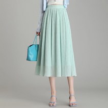 여성 쉬폰 플리치 스커트 솔리드 A라인 데일리 밴딩 주름치마YMY23032350