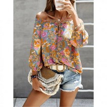 SHEIN VCAY 플라워 프린트 오픈숄더 볼륨 소매 앞 매듭 블라우스303117