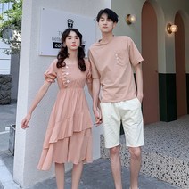 티셔츠 밴딩 라운드 커플시밀러룩 단가라 여름 커플룩 신혼 체크 빅사이즈 원피스 웨딩촬영