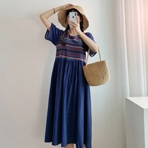 요시아나 [당일발송] 에스닉 무지개 스티치 자수 린넨 원피스 -2컬러