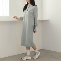 코지 여자 마카롱 배색 원포켓 반오픈카라넥 롱원피스
