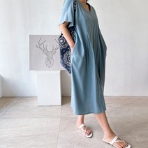네모엔룩 여성용 써머린넨 루즈핏 빅사이즈 반소매 린넨 롱 원피스