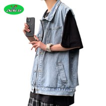 SHENGBO남성 민소매 데님자켓 남성 오버핏 카고 캐주얼 조끼 숄더옷차림