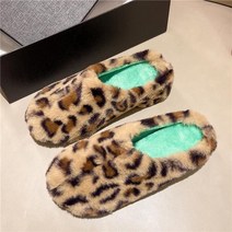 슈즈 여성 슬리퍼 슬라이드 스퀘어 힐 메드 패션 플록 퍼 플립 플롭 커버 토 블록 레오파드 럭셔리 플러시 패브릭 발굽