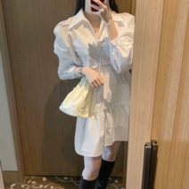 디작소 여성 스타일리쉬 캉캉 퍼프 벌룬 긴팔 셔츠 원피스