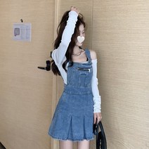 kirahosi 키라호시 블루 데님 서스펜더 스커트 봄과 가을 디자인 허리 슬리밍 라인 드레스 짧은 스커트 DH8852514190