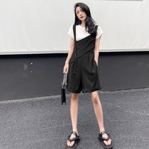 멜빵 반바지 세트 여 여름 감령 패션 코디 화이트 T 멜빵 사선 와이드 정장 점프슈트