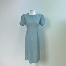 헤이린 체크 퍼프숄더 반팔 롱원피스