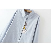 마이네임이즈 파운더스 블라우스 오버사이즈 코튼 린넨 여성 스트라이프 고양이 자수 셔츠 봄/가을 상의 플러스 사이즈