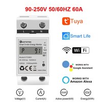 Tuya 단상 60A 딘 레일 WIFI 스마트 에너지 미터 타이머 전력 소비 모니터 kWh 전력계 90-250V 60Hz Alexa, 한개옵션1