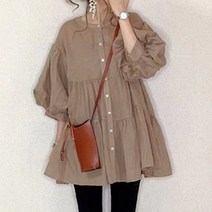 체인지쉬 (change she) 여성오버핏 A라인 롱 와이셔츠 퍼프소매 블라우스