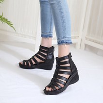 프리티슈 여름 가죽 여성 오픈토 글래디에이터 웨지 스트랩 앵클 샌들 (6cm)