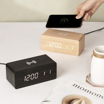 cocooning 스마트폰 무선충전 눈부심방지 스마트기능 무소음 우드 LED탁상시계 탁상시계, 블랙