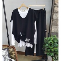 상상그이상 여성용 국내제작 오버핏 패치 레터링 브이넥 조끼 티셔츠 팬츠 3PCS 세트