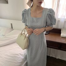 스콘 체크 하늘색 원피스 스퀘어넥 퍼프소매 허리밴딩 30대 40대여름원피스 44 66사이즈쇼핑몰 르뚜앙