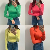 여자 비비드 파스텔 형광 쫀쫀 텐션 무지 목폴라 목티