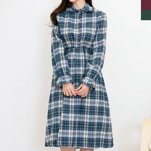 블루모드 여성 데이트룩 체크 프릴 카라 편한 허리 밴딩 원피스