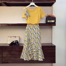 쉬폰 플라워 꽃무늬 스커트 치마 오블 리크 숄더 라운드넥 티셔츠 프린트 머메이드 미디 투피스 세트 여성