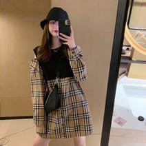 긴 소매 페이크투피스 원피스 2023 년 가을 오프숄더 어깨트임 패치워크 체크 슬림핏 키커 보이는