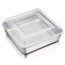 P&P CHEF 뚜껑이 있는 20.3cm(8인치) 정사각형 베이킹 케이크 팬 스테인리스 스틸 라자냐 브라우니 팬 및 플라스틱 커버 피크닉 결혼식 생일용 건강하고 내구성 누출, 2_8 Inch