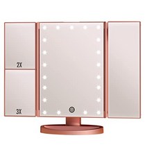 FACSINATE 여배우 거울 삼면 거울 탁상 거울 메이크업 LED 메이크업 접이식 조명 첨부 돋보기 터치 타입 밝기 조정 각도 조정 수납 피치 U, 로즈골드