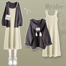 [Myshe]봄 투피스 나시 원피스 니트 가디건 여성 패션 세트 Shefei1213Q8