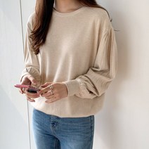봄 미시 여성 세련된 퍼프 주름 소매 라운드넥 루즈핏 부드러운 비스코스 니트 티셔츠