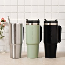 1+1 이중 진공 스텐 파스텔 텀블러+뚜껑+전용빨대 세트 900ml 2p, 블랙+아보카도그린