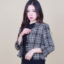 브라운 그레이 박시 숏 올풀림 트위드 자켓 봄 간절기 가디건 홑겹 가을 수술 7부소매 체크 정장 데일리 데이트룩 하객 여성