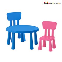 [당일출고] 이케아 MAMMUT 원형테이블(블루) + 등받이의자2개 세트, 블루1개 핑크1개