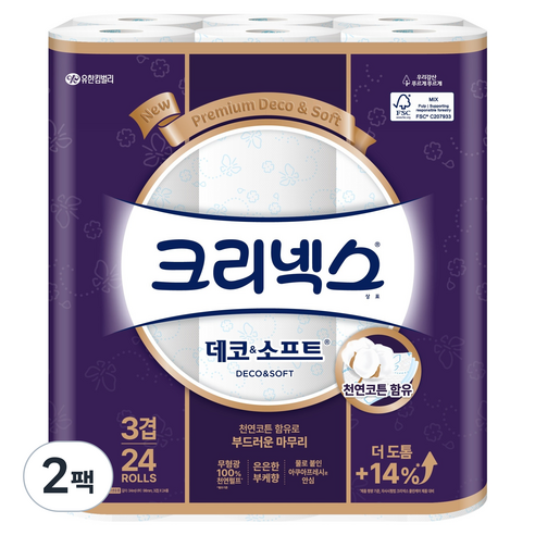 크리넥스 3겹 천연펄프 데코 앤 소프트 화장지, 34m, 24롤, 2개