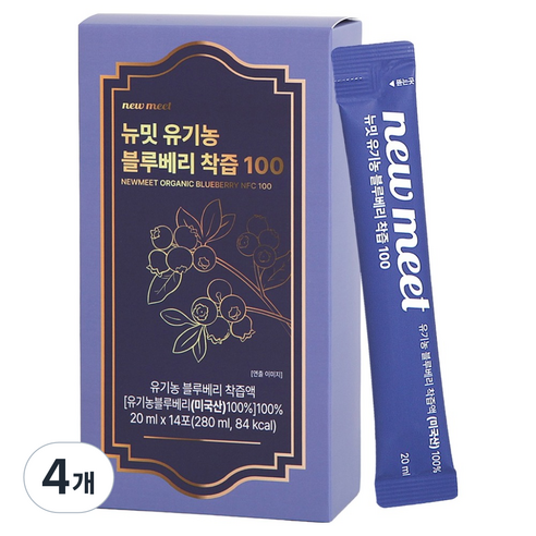 뉴밋 유기농 생과 착즙 블루베리즙 스틱 14p, 4개, 280ml