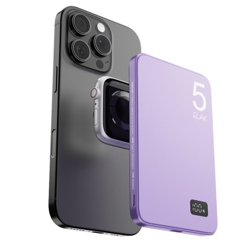 ELAK 3 in 1 에어팟 애플워치 충전 초슬림 초경량 무선 맥세이프 고속 충전 보조배터리 5000mAh, DS-21, 바이올렛