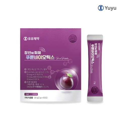 유유제약 장안에화제 푸룬바이오틱스 식이섬유 유산균, 2g, 60개