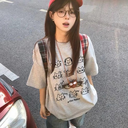 해피유통 여성 여름 귀여운 고양이 프린트 반팔 티셔츠 루즈핏 캐주얼 아이템디자인14세 이상