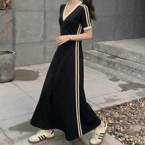 쁘띠엘라 A라인 반팔 롱원피스 데일리 캐주얼 빅사이즈