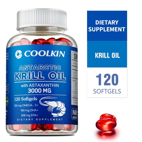남극 크릴 오일 보충제 - 1회 제공량당 3000mg, 고흡수 EPA, DHA, 아스타잔틴 및 인지질 - 생선 오일과 같은 비린내 없음, 3개, 60정