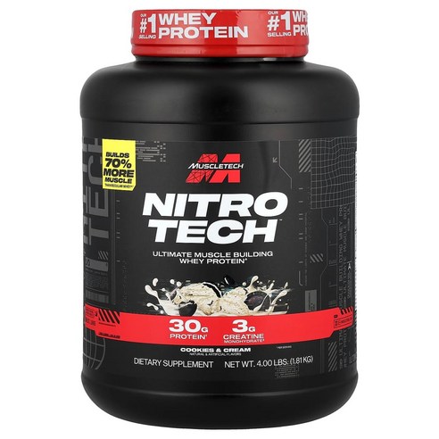 MuscleTech Nitro Tech 유청 단백질 머슬빌더 포뮬라 쿠키 앤 크림 1.81kg(4lbs)
