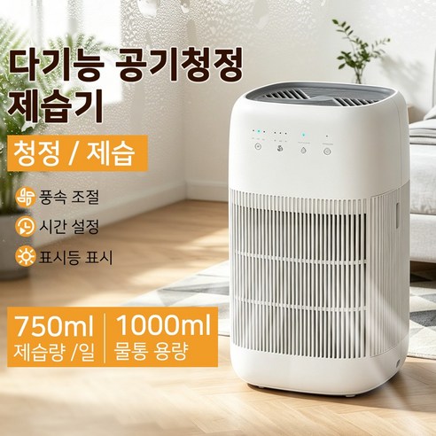 2in1 소형 반도체 제습+공기청정기 750ml 듀얼코어 제습량 HEPA 필터 초저소음 스마트 타이머 전기세 걱정 없는 초절전 욕실 제습기