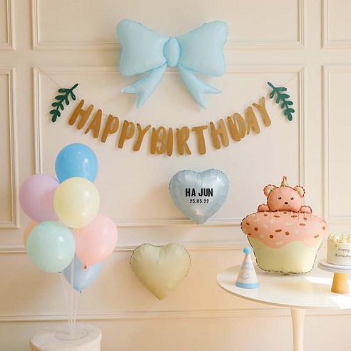[파티랑]생일풍선 파티 가랜드 세트 파스텔 크림톤 곰돌이 컵케이크 숫자선택(모자 포함), 1세트, 08)스카이샌드 컵케익 형