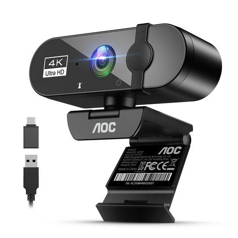 AOC 4K UHD 웹캠 노이즈캔슬링 마이크 내장 PC 화상회의 방송용,