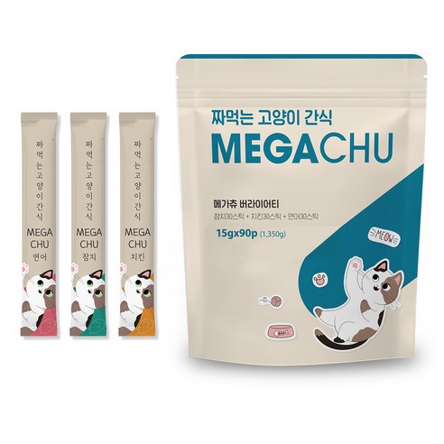 다시 돌아온 메가츄 짜먹는 고양이 간식 츄 90스틱 대용량, 2개