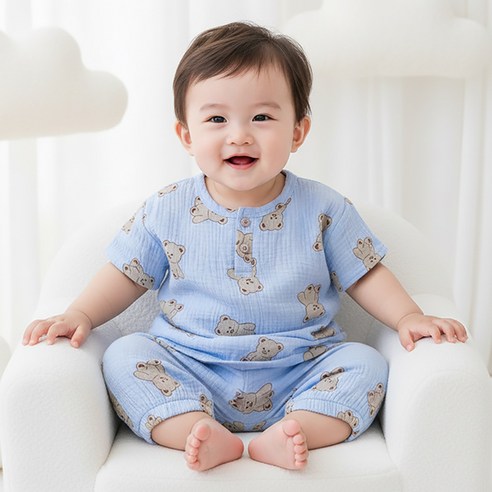 몽실이 베어 거즈면 칠부 상하복 여름 외출복 상하세트 유아 여아 남아